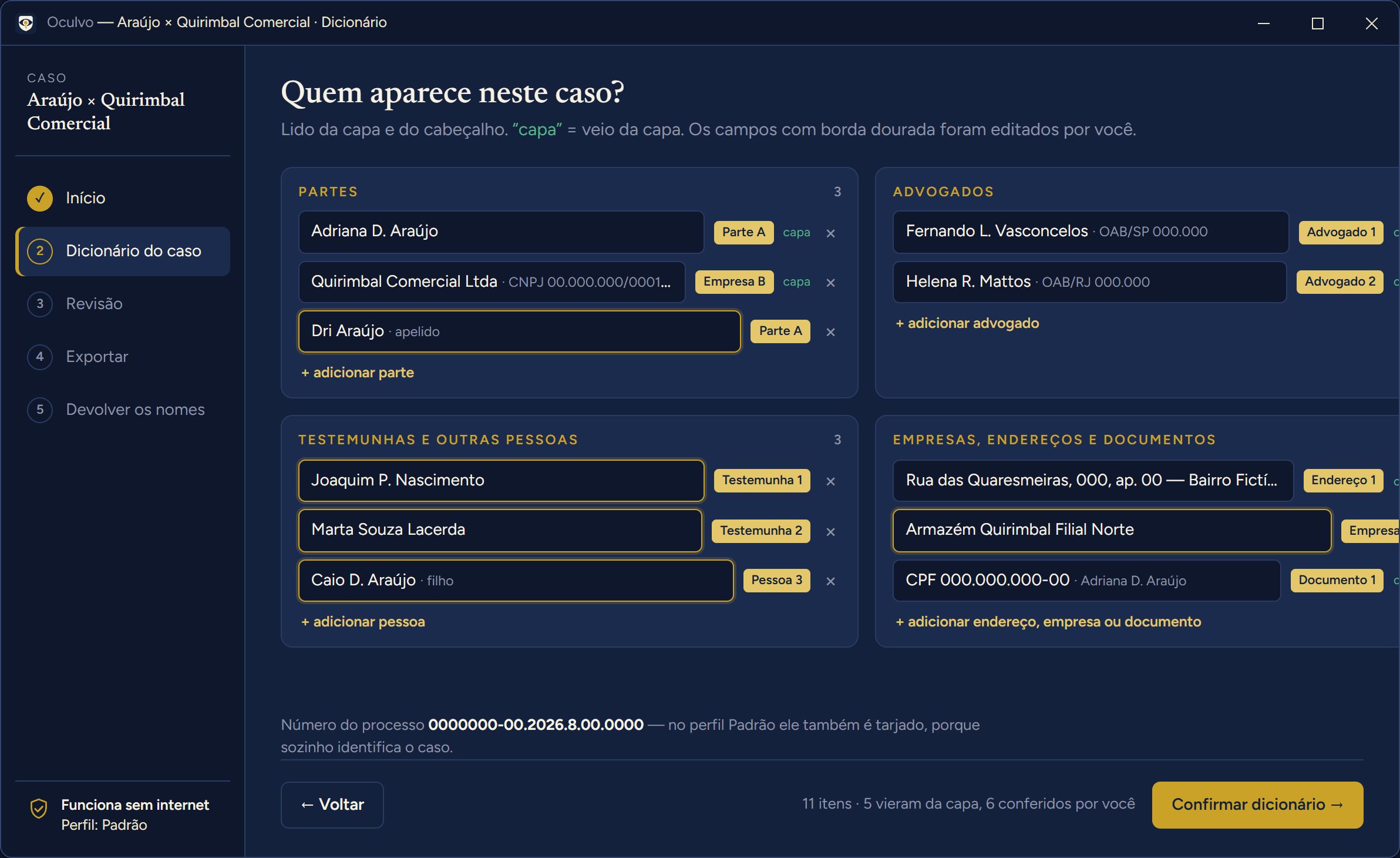 Maquete da tela 2, Dicionário do caso: As partes, as testemunhas e as empresas do caso, com o rótulo que cada uma vai receber. Você confirma antes de começar.